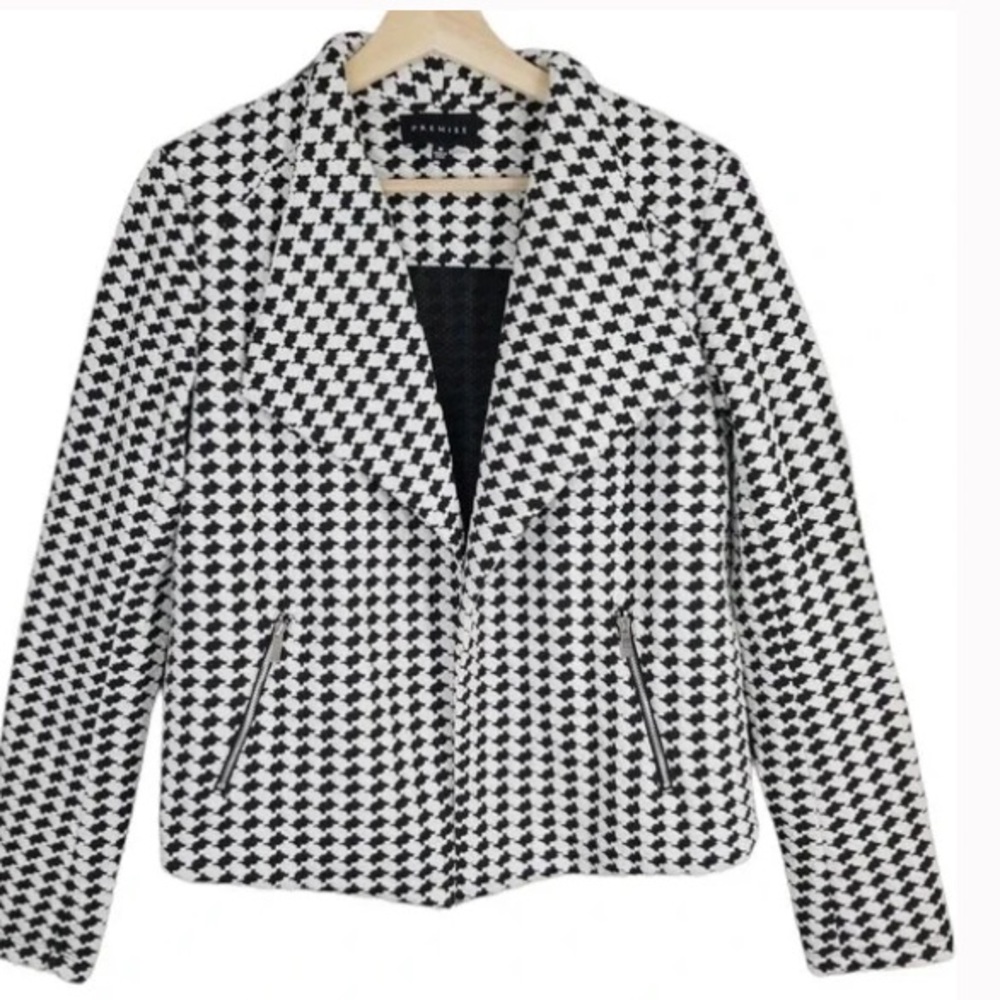 NWT Premise Women's Black Houndstooth Single Breasted Open Jacket Zip Pockets S